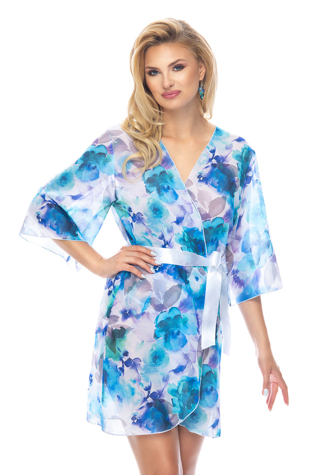 1-Chiffon Floral Bathrobe 170691 Irall-Sleeve Robe with Satin Belt