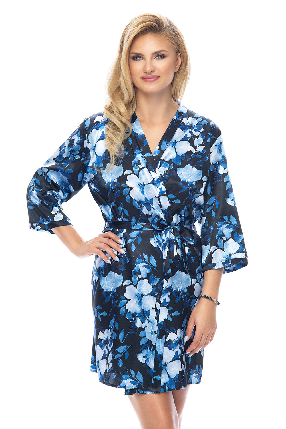 Women's blue floral satin kimono robe with a wrap tie waist, featuring an elegant and stylish design perfect for loungewear or special occasions.